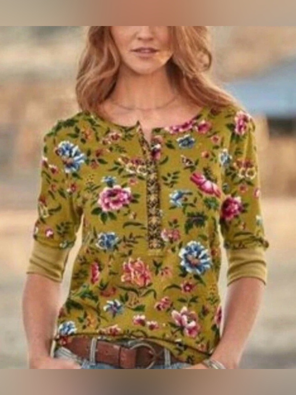 Sundance Floral Haven Textured Henley Top size Small Mustard Yellow 3/4 Sleeve